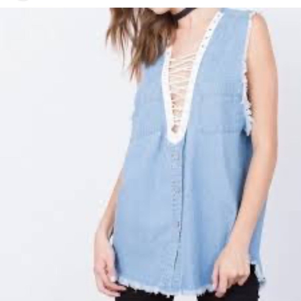 Furst of a Kind Denim frayed top XL chambray cut off shirt urban chic